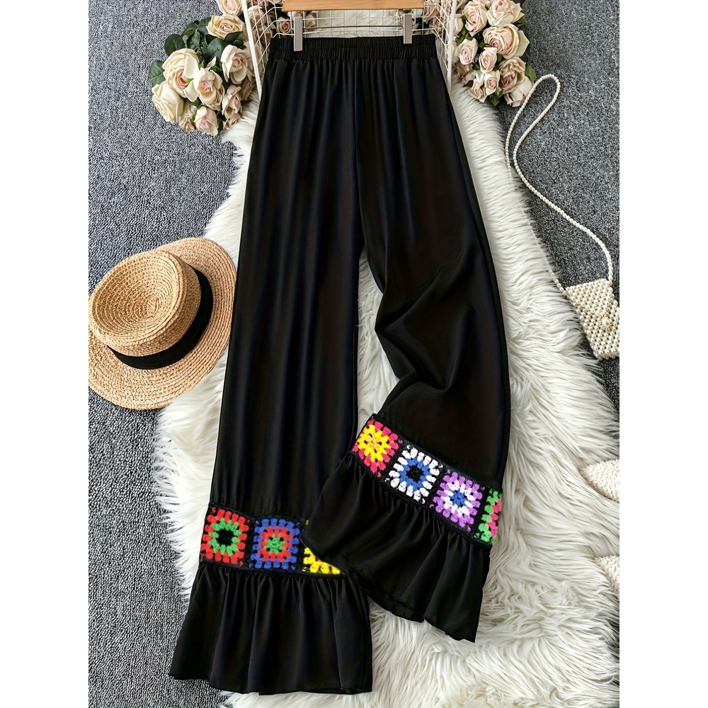 Unbranded Boho Black Wide Leg Pants Crochet Granny Square Ruffle Hem NEW Sz XL